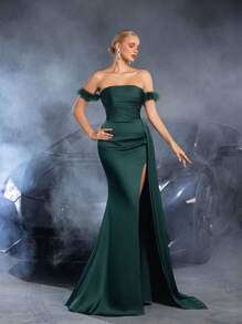 Faeriesty 优雅露肩垂褶侧开叉正式派对礼服、舞会晚礼服、适合婚礼嘉宾、毕业典礼 - 墨綠色 - 查看 9