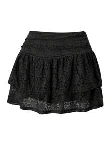 Women Tiered Ruffled Short Skirts Floral Lace Sheer Mid Rise Lined Cute Flowy Mini Skirts - Black - View 2