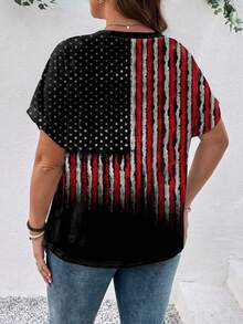 大码女式国旗印花 V 领蝙蝠袖休闲 T 恤