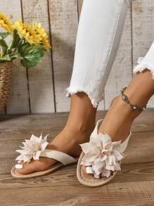 Women's New Fashionable, Elegant Casual Lightweight Soft Bottom Comfortable Beige Flower Slip-On Sandals. Non-Slip, Suitable For Summer Outdoor, Travel, Vacation, Wear As Outdoor Slippers. - Beige - View 5