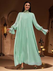 New Fashionable Luxury Minimalist Lace Beaded Embroidery Women Long Robe Dress - Fruit Green - View 3