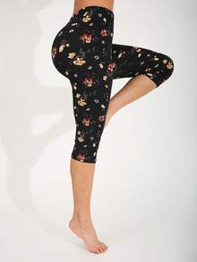 女士休闲时尚百搭 3/4 长度紧身裤，黄色花卉图案，柔软舒适弹力修身裤，适合健身、瑜伽、户外活动、居家、旅行