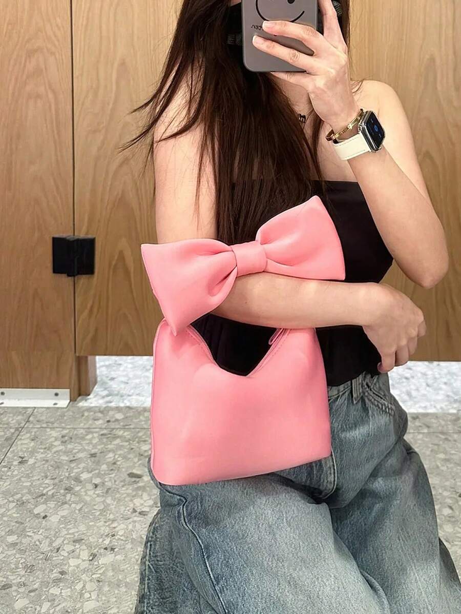 2026 Spring/Summer New Cute Pink Mini Bow Handbag, Wrist Bag, Cloud Bag Business Women's Casual Fashion Daily Commuter Bag, Suitable For Work, Shopping, Dating, Travel, College Students, Women's Bag, Daily Use