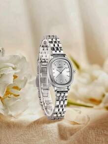 1pc Women's Silver-Tone Casing Striped Dial Solid Steel Band Quartz Watch, Suitable For Daily Wear - Silver - View 7