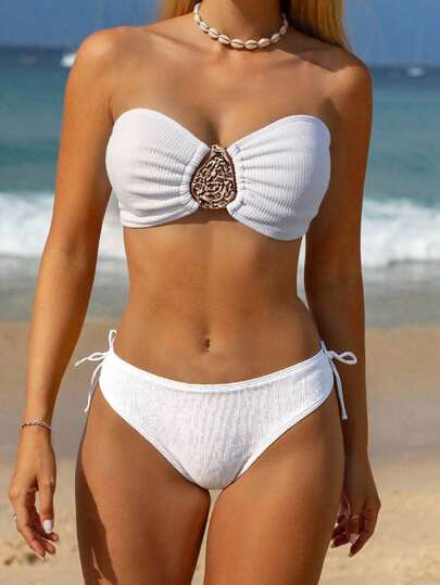 2pcs/Set Women Summer Beach Solid Color Bandeau Bikini High Waist Swimwear Set