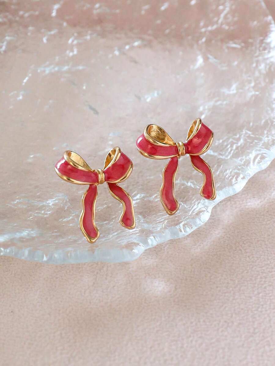 1 对时尚可爱蝴蝶结耳环（女士） - 玫紅色 - 查看 1