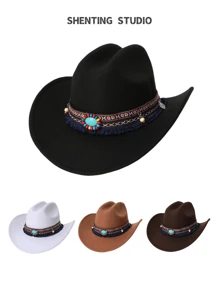 1pc Women's Retro Decorative Belt Wool Felt Hat, Unisex Fashion Casual Minimalist Western Cowboy Hat, Suitable For Daily Outfits, Outdoor, Travel, Photography, All Season, Autumn/Spring - Top Hat - View 1