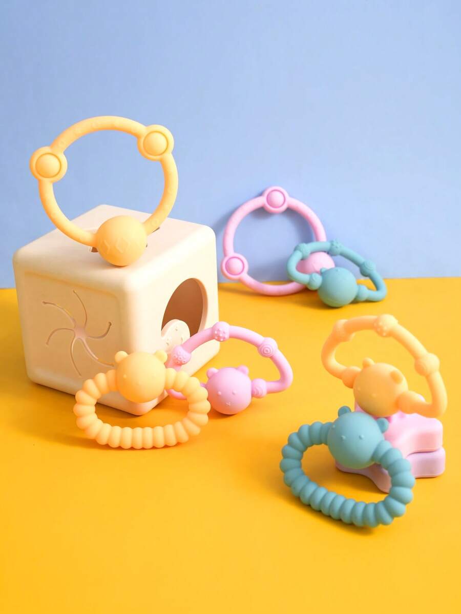 PopLittleOne 3PCS Baby Silicone Rattles Infant Tactile Training Items Solid Color Baby Teethering Toys Cartoon Bear Shape Baby Accessories