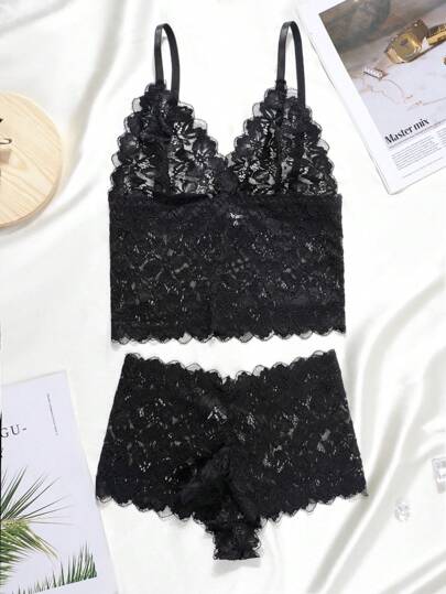 1SET Long Non Wired Kanten Geborduurde Flower Lingerie BH Slipje Set view 2