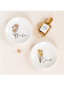 Personalised Birth Flower Trinket Dish, Watercolor Flower Ring Dish, Birthday Jewelry Dish Gift For Friend, Wedding Bridesmaid Gift, Personalized Jewelry Boxes, Personalized Ring Plates