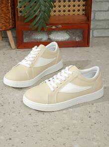 女士卡其色休闲运动鞋，舒适时尚百搭系带防滑学生跑步平底鞋 - 卡其色 - 查看 2