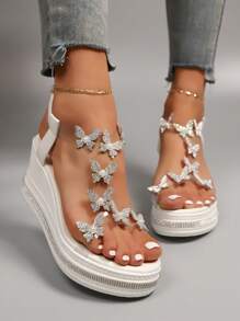 女士厚底坡跟凉鞋 夏季时尚水钻蝴蝶结凉鞋 女士白色厚底户外凉鞋 波西米亚风沙滩平底凉鞋 女士派对高跟凉鞋 女士仙女风低帮凉鞋 - 白色 - 查看 3