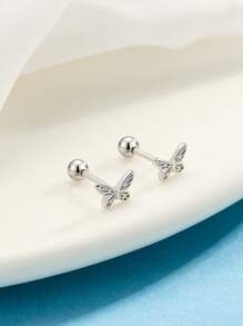 6pcs/2pcs Set Copper Butterfly Screw Earring Studs, Anti-Lost Versatile Earbone Jewelry - Silver Pair - View 5