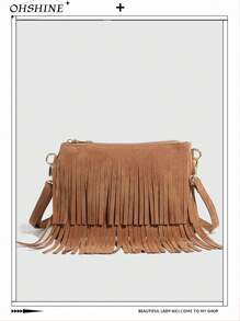 1 件复古流苏迷你斜挎包，百搭波西米亚风格 PU 皮革单肩包，时尚女士休闲通勤斜挎包