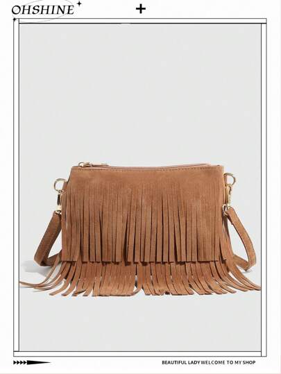 1pc Vintage Tasseled Mini Crossbody Bag, Versatile Bohemian Style PU Leather Shoulder Bag, Fashionable Women's Casual Commuter Messenger Purse , Bohemian Outfit For Women