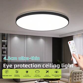 CANMEIJIA 1pc LED Ceiling Light, Large Size, Remote Control, 3 Color Changing, Minimalist Style, Home Decor, Bedroom/Living Room Ceiling Lamp, Bright, Adjustable Color Temperature, 180V-260V, 30W/40W/50W, Suitable For Bathroom/Bedroom/Living Room/Study/Closet/Kitchen/Hallway/Stairs/Balcony/Small Room, Choose Suitable Size Based On Usage Needs