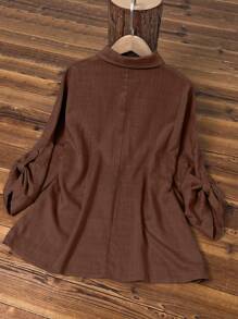 Women's Casual Linen Solid Color Roll-Up Sleeve Button Detail Long Sleeve Shirt Spring - Brown - View 9