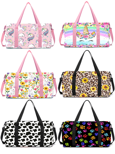 Kids Duffle Bag Girls Unicorn Print Sports Gym Bag For Kids Carry On Overnight Bag For Weekender Travel Bag Sleepover Bag Toddler Gym Dance Bag Gift (Floral Bunny, Leopard Sunflower Design, Cow, And Colorful Paw)