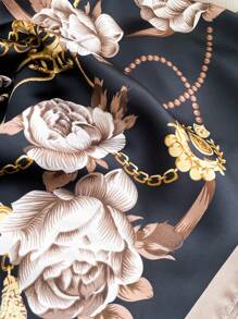 1pc Women's Elegant Floral Chain Pattern 90cm Square Scarf, Suitable For Casual And Fashionable Outdoor Use As Scarf, Headband, Neck Warmer, Sun Protection Shawl, Perfect For Styling - Black - View 4