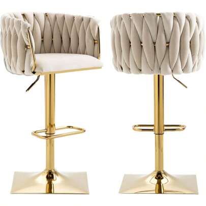 Modern Velvet Swivel Bar Stools Set Of 2, Hand Woven Backrest, Comfy Adjustable Counter Height Barstools With Gold Square Base For Counter, Kitchen Island, Cafe, Pub