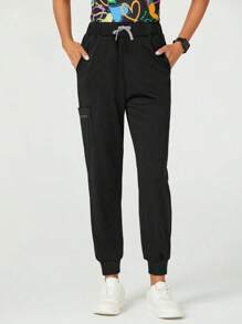 cimmuovere 高腰修身工装裤 - 多口袋设计 - 透气修身长裤 - 侧拉链口袋 - 弹性裤脚 - 黑色 - 查看 6