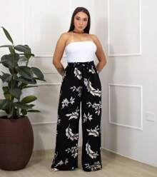 Printed High-Waisted Palazzo Pants With Pockets, Lining And Ties - Black Printed Trousers - View 3