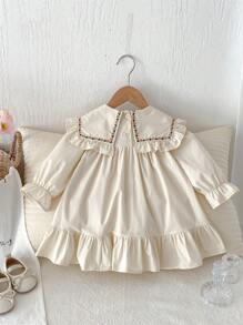 1 件装女童褶皱下摆刺绣领公主裙，休闲舒适长袖，适合春夏季