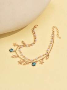 1pc Beach Vacation Style Women Anklet, Fashion Boho Double Layer Handmade Faux Pearl Zinc Alloy Shell Starfish Pendant Foot Jewelry, Versatile For Daily Wear And Party - Golden - View 4