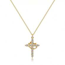 1pc Gold Cross Necklace With Suspended Crown Design, Delicate Luxurious Clavicle Chain, Copper Metal For Women Evening Wear, Holiday Gift