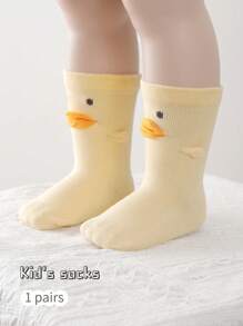 1 Pair Kids Cartoon Duck Print Mid-Calf Socks, Solid Color Infant Floor Socks, For Spring & Summer