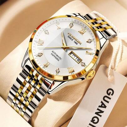  1枚GUANQIN防水夜光腕表，双日历，镶钻表盘，防刮不锈钢表带，时尚商务奢华运动经典简约自动上链机械男士腕表，适合情人节、节日、约会、商务、日常佩戴，亦可作为礼物。