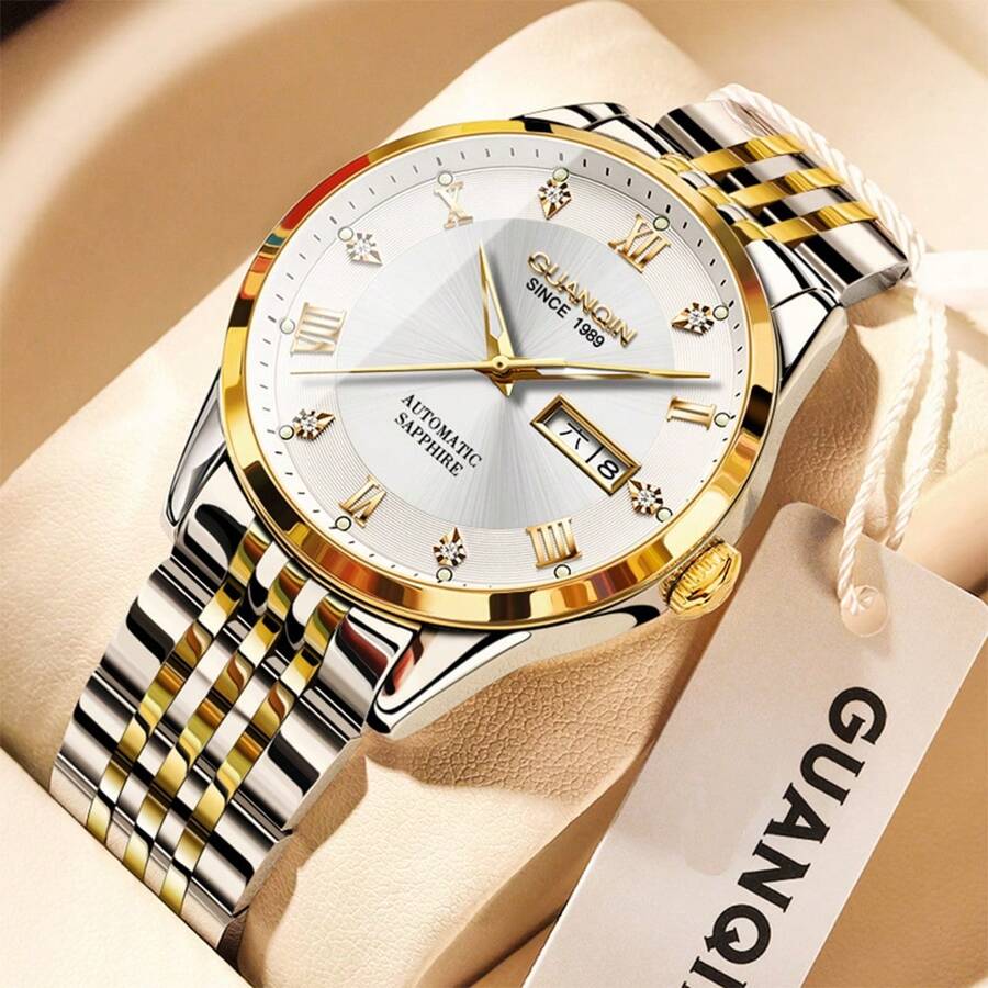 1 pièce Montre GUANQIN étanche et lumineuse, calendrier double, cadran serti de diamants, bracelet en acier inoxydable résistant aux rayures. Montre mécanique à remontage automatique de mode, de luxe, sportive et classique minimaliste pour hommes. Convient pour la Saint-Valentin, les vacances, les sorties, les affaires, le port quotidien, les cadeaux - Or rose - Voir 1