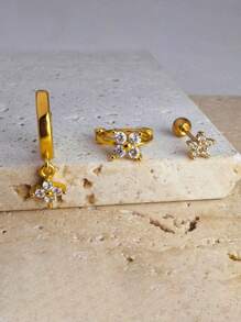 3pcs/Set Gold Zirconia Flower Pendant Earrings Set, Hypoallergenic 14K Gold Plated Earrings For Women, Suitable For Multiple Ear Piercings, Daily Wear - Gold-3# - View 4