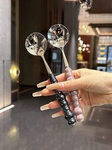 2/3 Pcs Colorful Pearl Stainless Steel Spoons With Plastic Handles, Cute Soup/Dessert Spoons, Girls Style Home Utensils,School Supplies