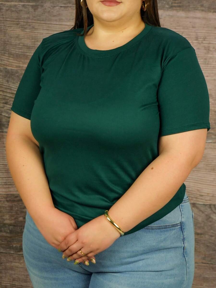 Blusa de cuello redondo sólida de talla grande - Verde - Ver 1