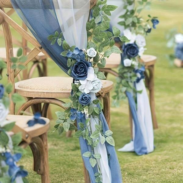 2 Stück 250x20cm/98,43x7,87 Zoll transparente Vorhänge für Hochzeit, Jahrestag, Geburtstags-Dekorationen, inklusive Blumen für Stuhllehnen und Hochzeitsparty Stuhl Dekorationen