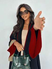 撞色饰边休闲中东风格长袖长袍，端庄的阿巴亚 - 紅色 - 查看 3