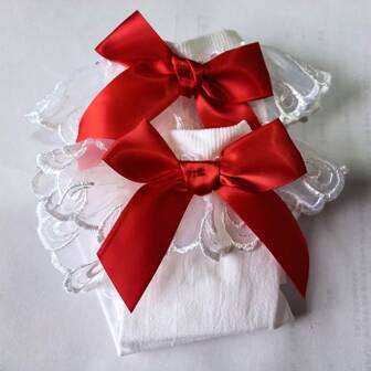 1 par sexiga korta strumpor med sammet, 100D spetskant och rosettdetaljer för kvinnor, svarta och röda, till jul