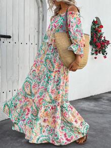 Vestido con mangas medias estampado en estilo bohemio para mujer, con cuello barco, mangas holgadas con volantes, estampado completo en estilo paisley, ideal como vestido largo tipo pareo para la primavera/verano, de uso casual diario