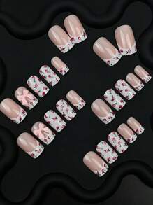 Rosas de color rosa dulce, diseño de lazo 3D en uñas, un imprescindible para fiestas diarias y citas de boda, reutilizable con lima de uñas y pegamento de gelatina, juego de 24 uñas postizas