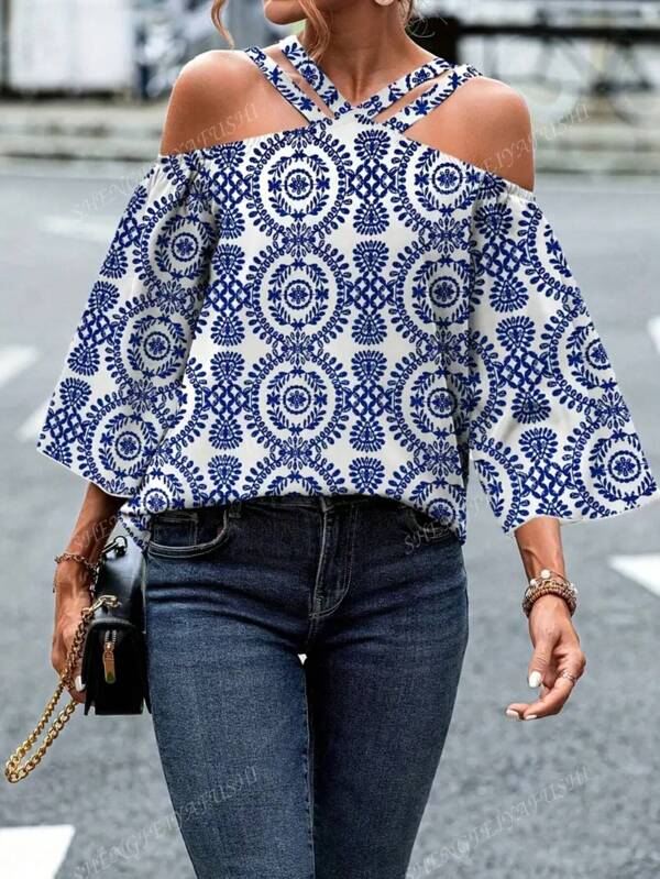 Sommer Damen Mode Vintage Muster Pullover Schulterfreie Bluse Sommer Tops;Abschluss