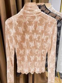 Thin Lace Turtleneck Undershirt, Ruffled Mesh Base Layer Top For Women, 2024 New Spring Autumn Design - Khaki - View 4