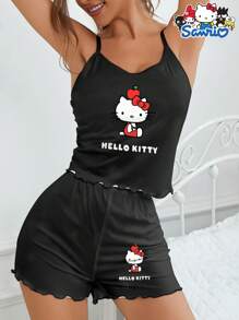 Sanrio Set di pigiama da 2 pezzi Sanrio Hello Kitty, include canotta e pantaloncini, pigiama comodo con stampa di lettere e cartoni animati