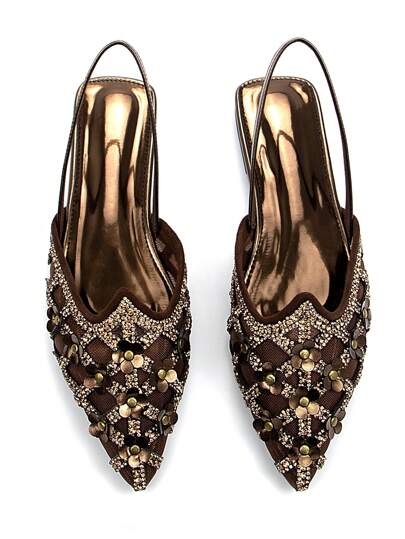 2025年秋季女士迷人水钻铆钉装饰花朵古铜色绒面革露趾平底鞋，优雅舒适，适合日常穿着和派对