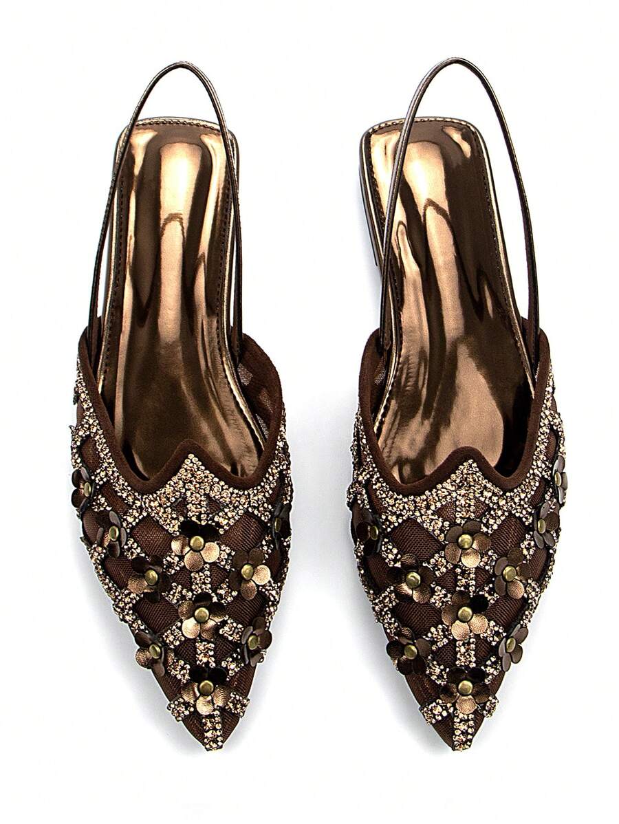 2025年秋季女士迷人水钻铆钉装饰花朵古铜色绒面革露趾平底鞋，优雅舒适，适合日常穿着和派对 - 銅色 - 查看 1