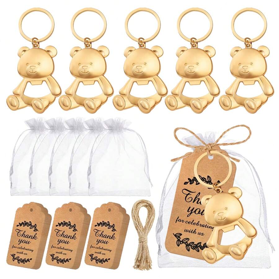 5 Set Apribottiglie a forma di orsetto, ciondoli portachiavi, omaggi per ospiti, apribottiglie a forma di orsetto, souvenir per feste di matrimonio con genere rivelato, regali