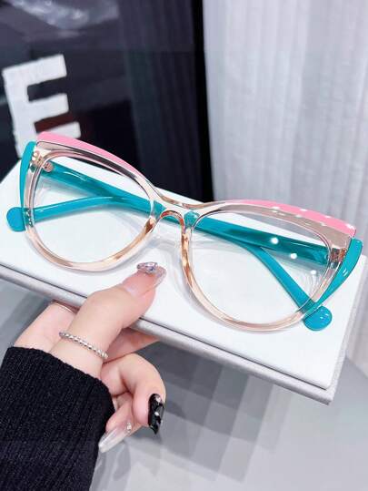 LiMiaoMiao 1pc Women Cat Eye Glasses, Y2K Color Blocked, Clear Lenses, Costume Accessory For Party & Travel
