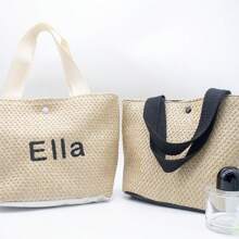 Bolsa de praia de palha com nome personalizado, estilo de praia minimalista, adequada para férias de verão na praia, deslocamento diário, personalização de nome bordado, adequada para festivais, aniversários, presentes de dia das mães