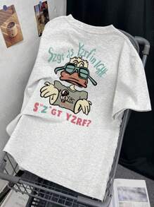 Women's Loose FitRound Neck Cute Duck Cartoon Print T-Shirt, Spring And Summer Casual - Light Grey - View 4