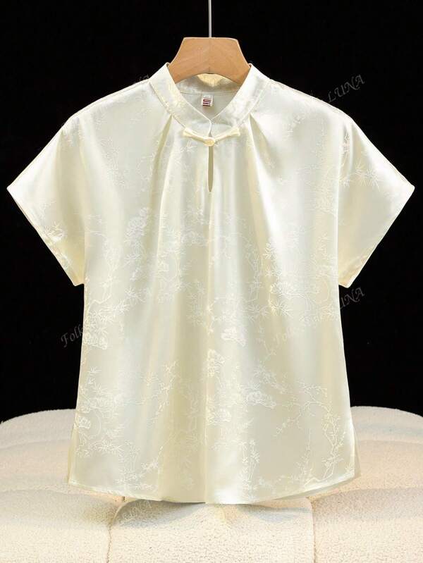 Elegant Chinese Style Retro Handmade Button Jacquard Satin Short Sleeve Shirt, Spring/Summer